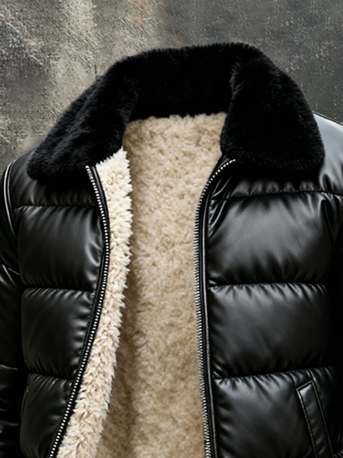 Vintage Men's Outdoor Jacket Made of Warm, Soft Leather with a Large Fur Collar