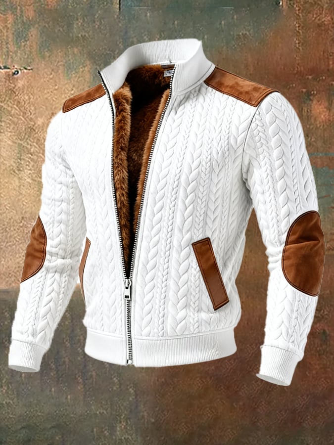Men's Retro-Style Outdoor Jacket with Jacquard Knit Pattern, Warm and with Many Pockets