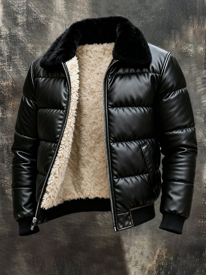 Vintage Men's Outdoor Jacket Made of Warm, Soft Leather with a Large Fur Collar