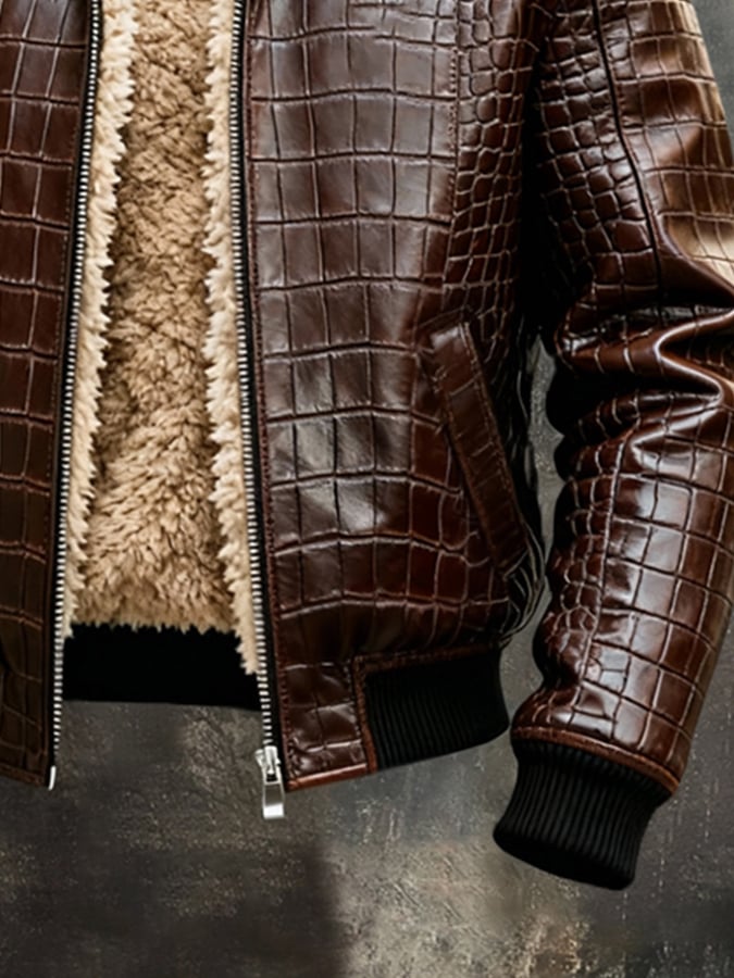 Men's Vintage Plush Warm Crocodile Textured Outdoor Jacket Leather Coat
