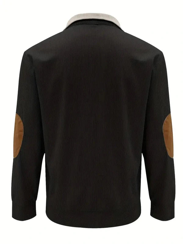 Men's Sweater with Contrasting Collar and Buttons – Casual Pullover with Elbow Patches, Warm Knitted Sweater for Autumn and Winter