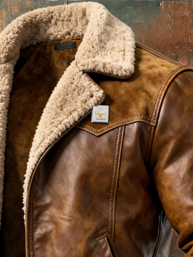 Men's Retro Leather Jacket in Used Look with Patchwork Design and Fleece Lining