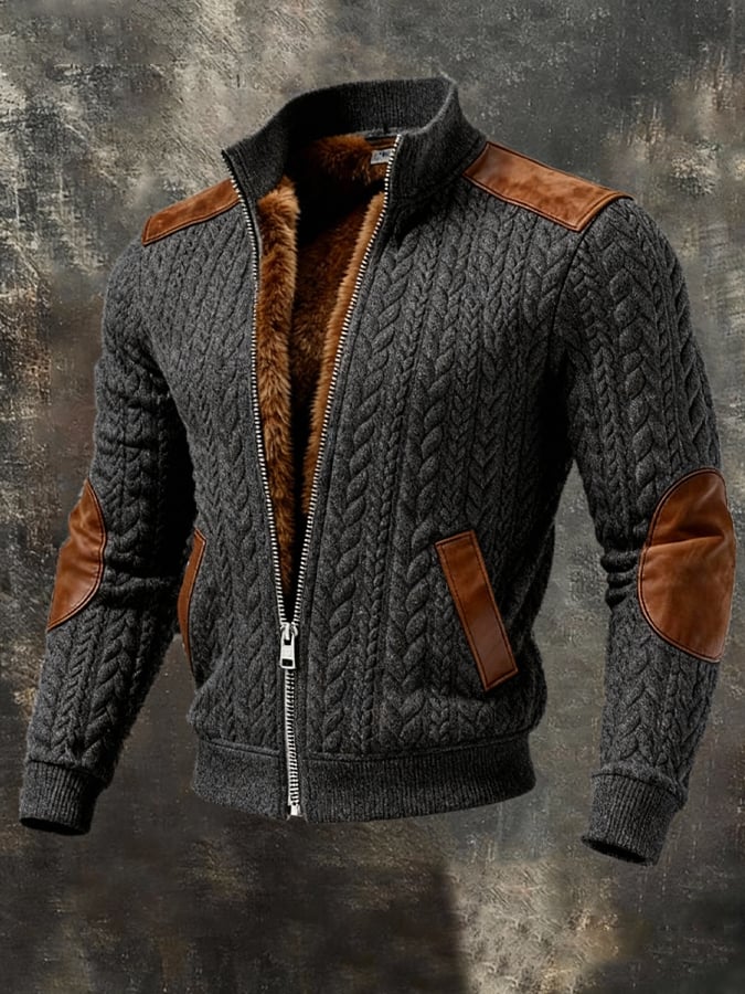 Men's Retro-Style Outdoor Jacket with Jacquard Knit Pattern, Warm and with Many Pockets