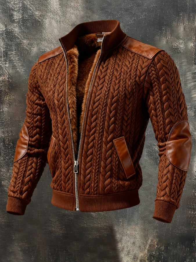 Men's Retro-Style Outdoor Jacket with Jacquard Knit Pattern, Warm and with Many Pockets