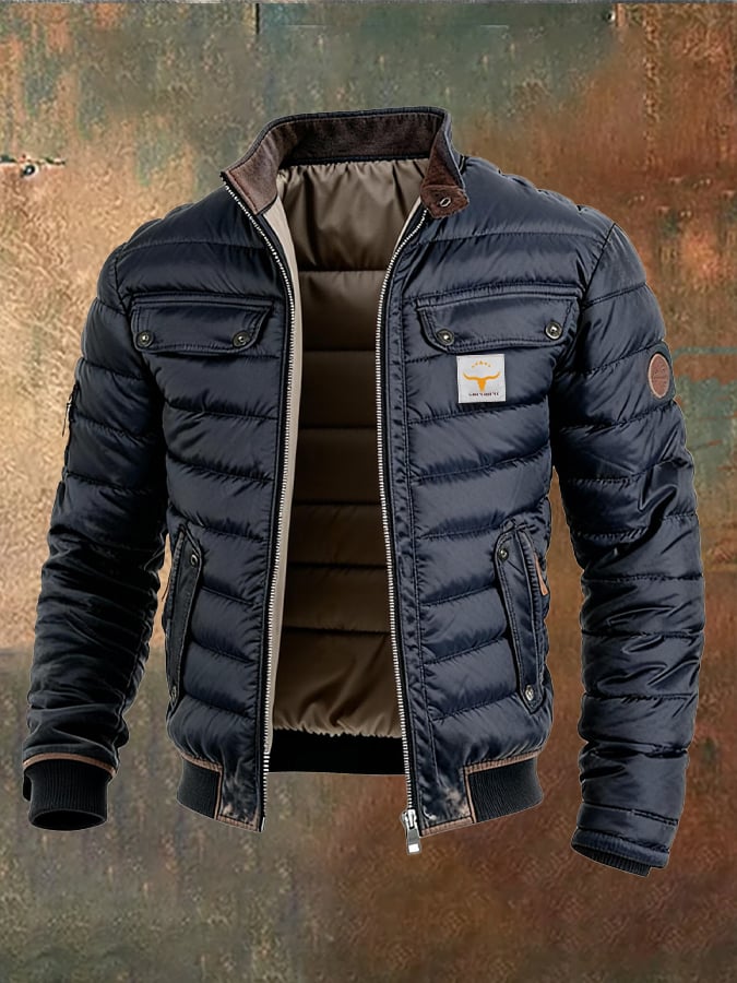Men's Retro Leather Quilted Patchwork Warm Zip-Up Outdoor Jacket