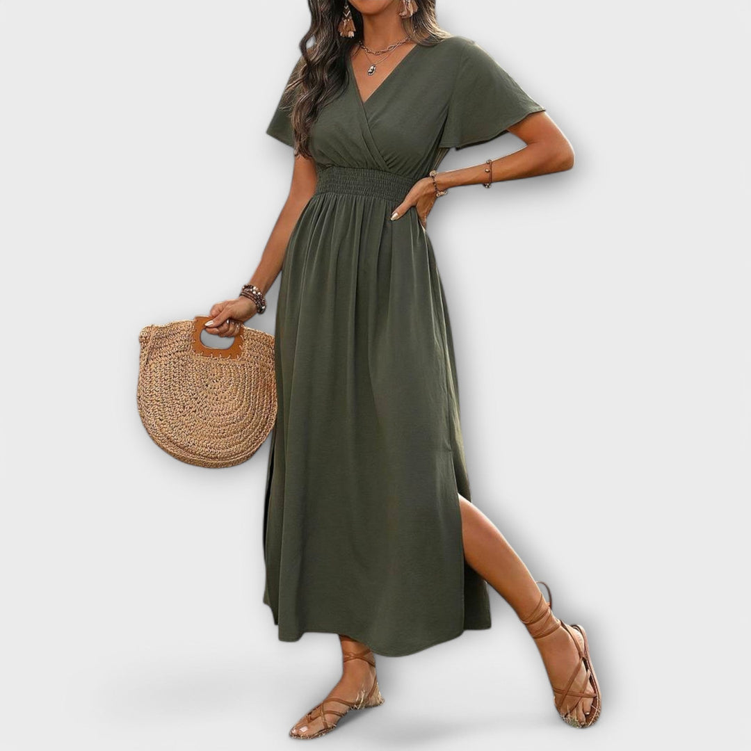 Heather - Elegant Boho Dress with V-Neck and Long Sleeves