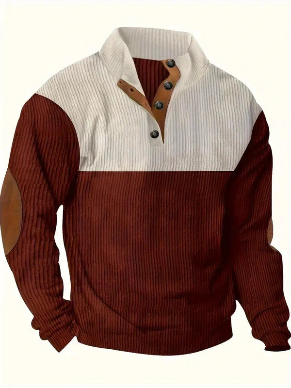 Men's Sweater with Contrasting Collar and Buttons – Casual Pullover with Elbow Patches, Warm Knitted Sweater for Autumn and Winter