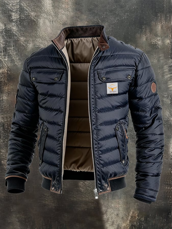 Men's Retro Leather Quilted Patchwork Warm Zip-Up Outdoor Jacket