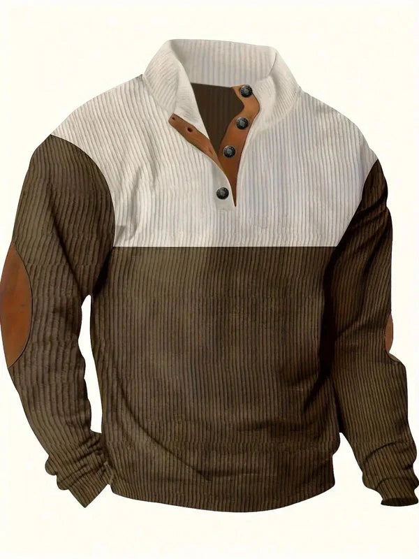 Men's Sweater with Contrasting Collar and Buttons – Casual Pullover with Elbow Patches, Warm Knitted Sweater for Autumn and Winter