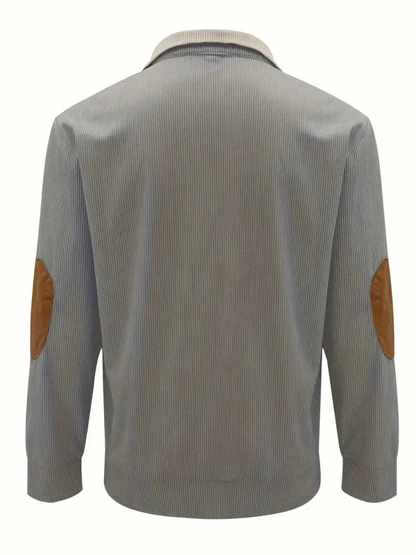 Men's Sweater with Contrasting Collar and Buttons – Casual Pullover with Elbow Patches, Warm Knitted Sweater for Autumn and Winter