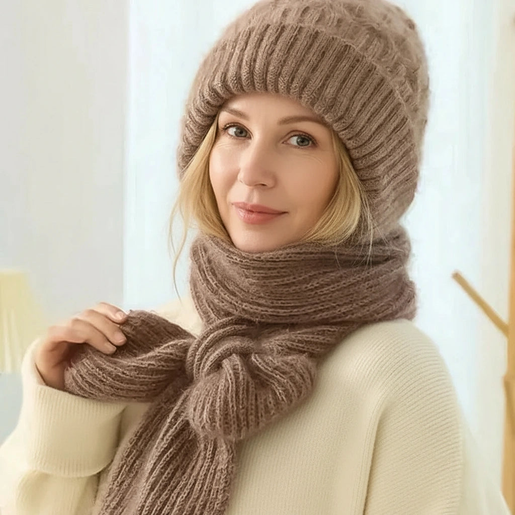Windproof fleece-lined beanie and scarf with integrated ear protection