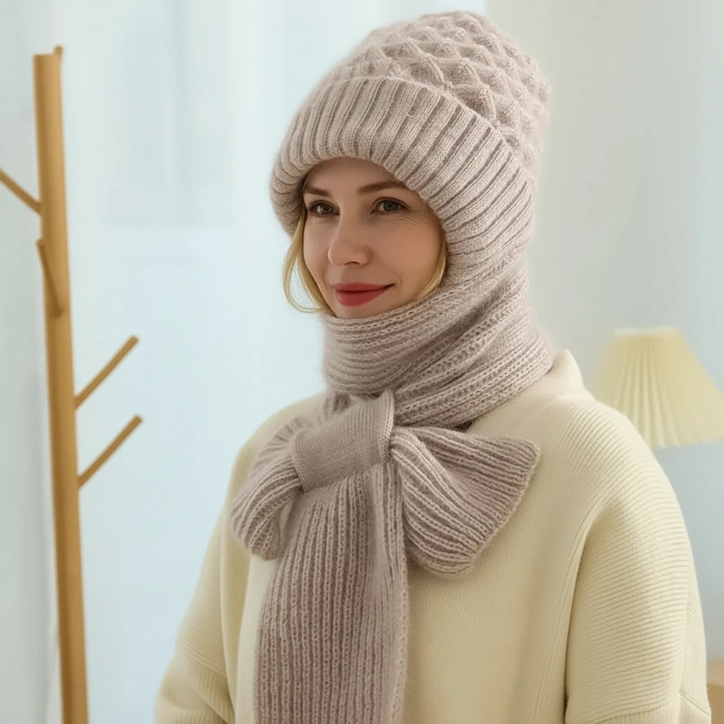 Windproof fleece-lined beanie and scarf with integrated ear protection