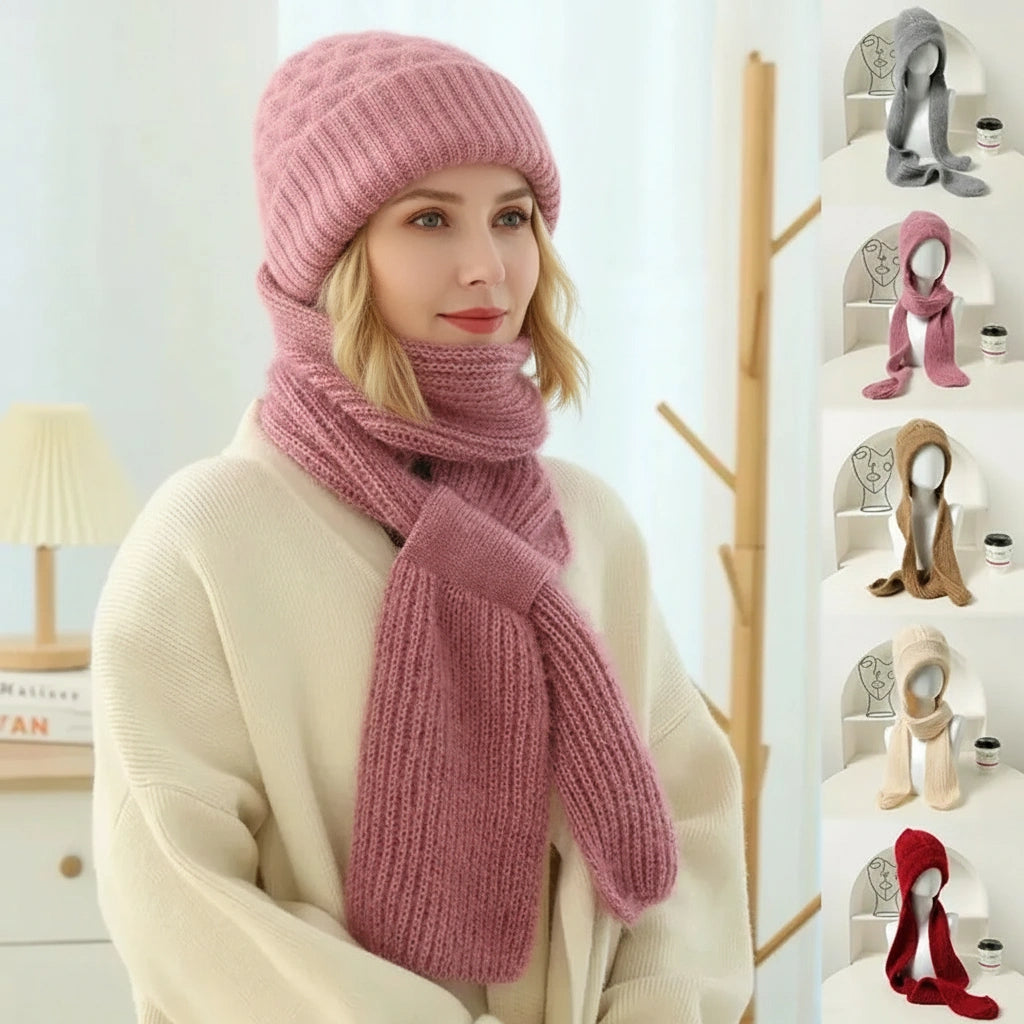 Windproof fleece-lined beanie and scarf with integrated ear protection